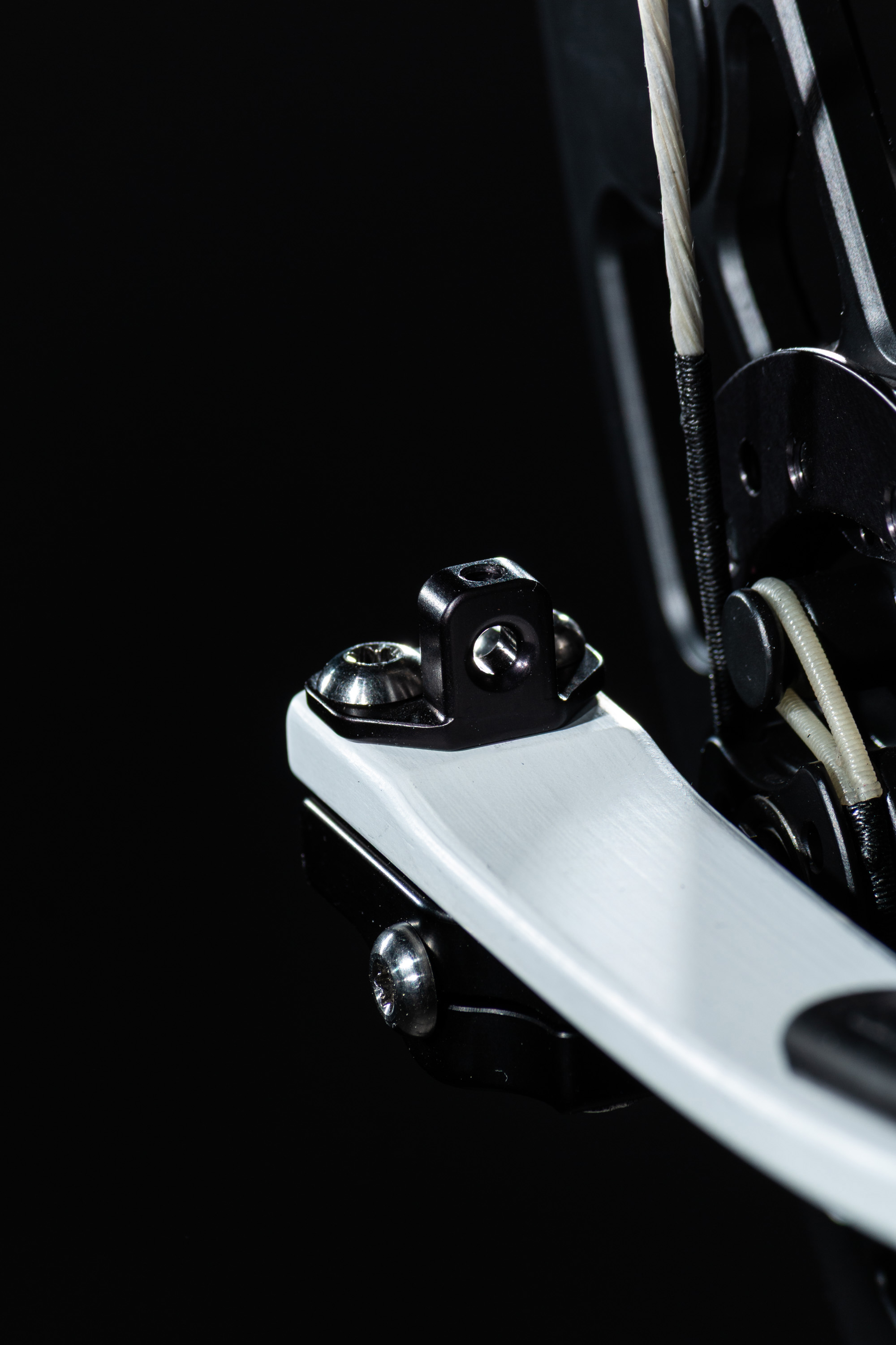 Fusion Archery limb-driven rest cord attachment on the bottom limb